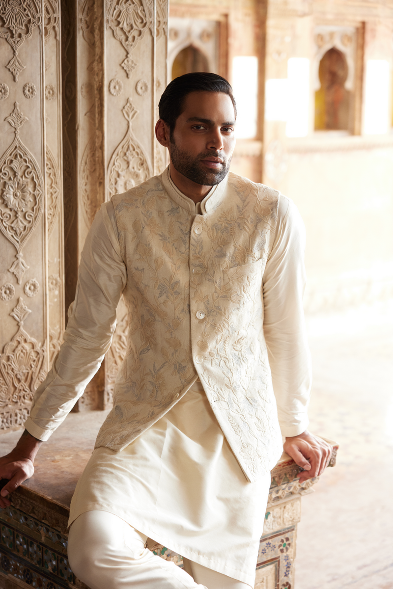 Aaman Embroidered Cord Silk Nehru Jacket - Ivory