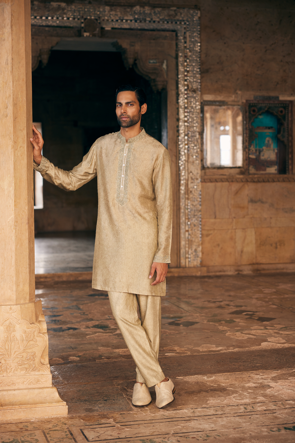Hiranmay Printed Silk Kurta - Sage