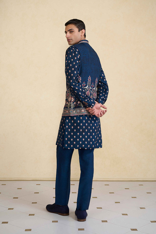 Azraq Printed Silk Nehru Jacket - Indigo