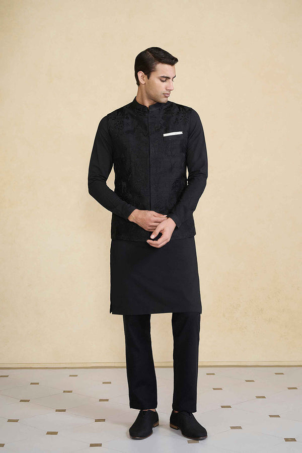 Atik Embroidered Silk Nehru Jacket - Black