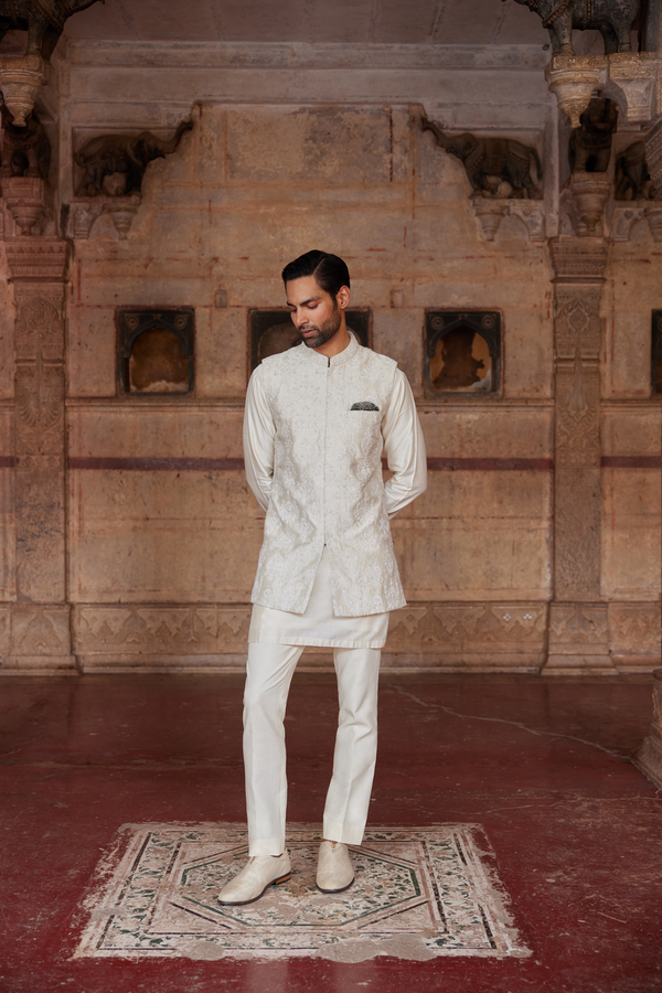 Palaksh Hand-embroidered Silk Nehru Jacket - Ivory
