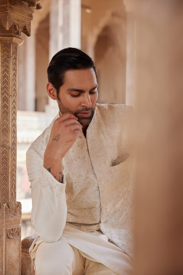 Palaksh Hand-embroidered Silk Nehru Jacket - Ivory