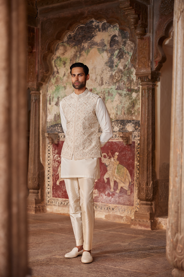 Suwayd Embroidered Silk Nehru Jacket - Ivory