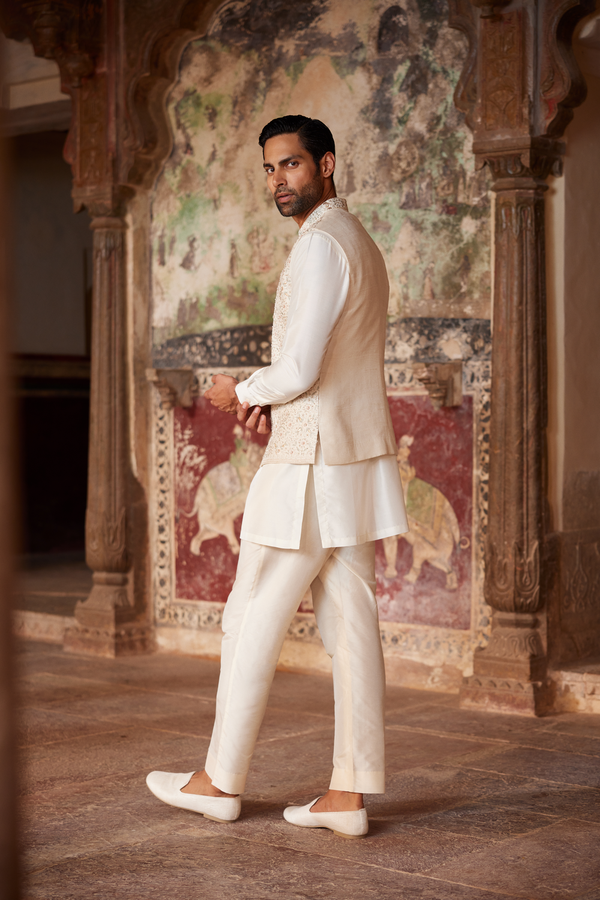 Suwayd Embroidered Silk Nehru Jacket - Ivory