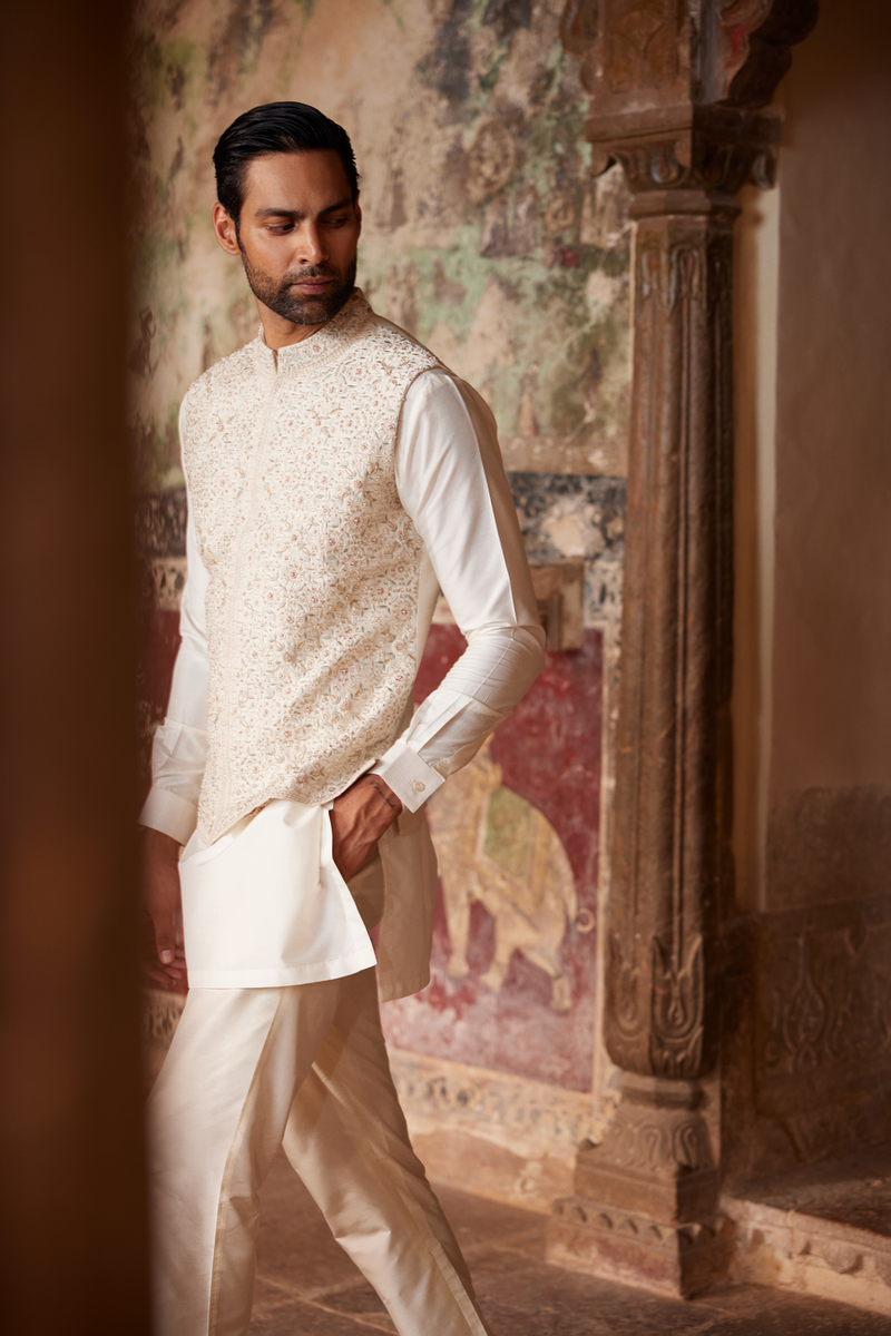 Suwayd Embroidered Silk Nehru Jacket - Ivory