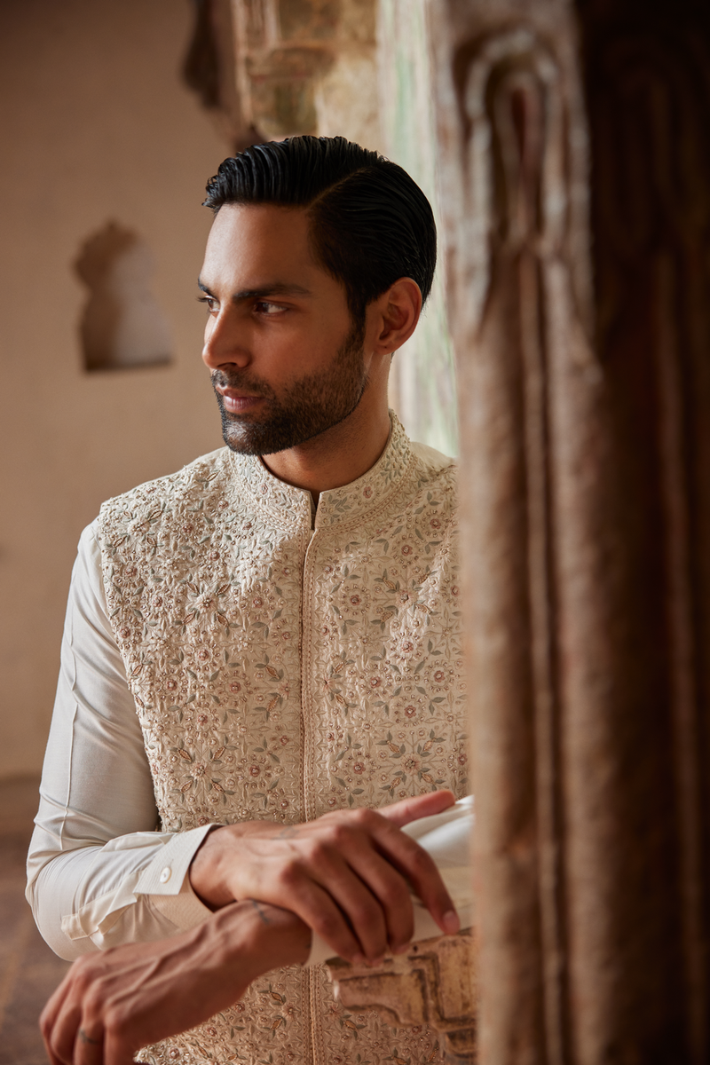 Suwayd Embroidered Silk Nehru Jacket - Ivory