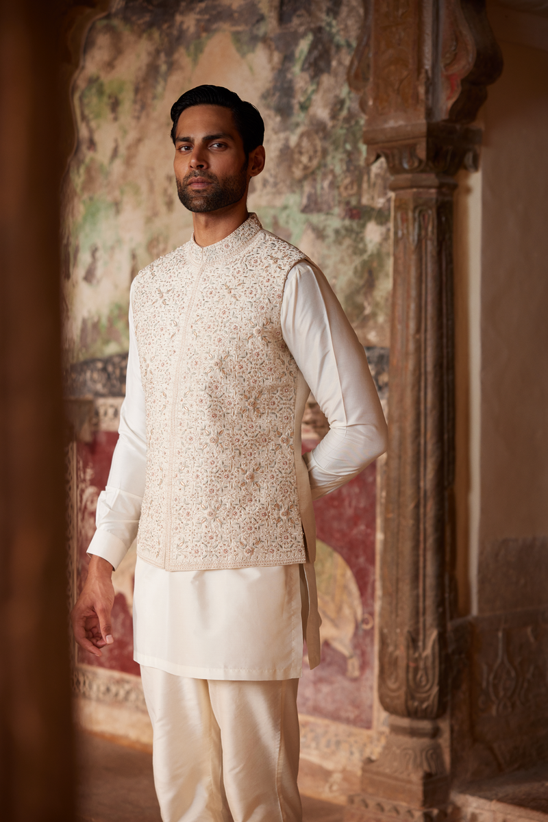 Suwayd Embroidered Silk Nehru Jacket - Ivory