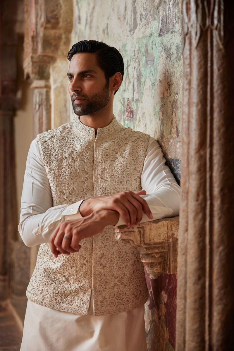 Suwayd Embroidered Silk Nehru Jacket - Ivory