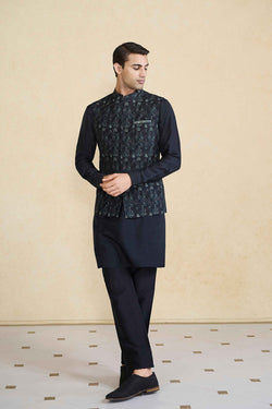 Edhas Embroidered & Printed Silk Nehru Jacket - Black