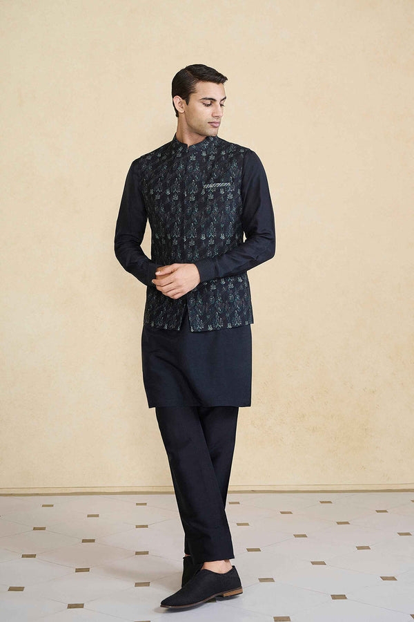 Edhas Embroidered & Printed Silk Nehru Jacket - Black
