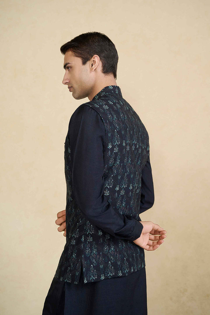Edhas Embroidered & Printed Silk Nehru Jacket - Black