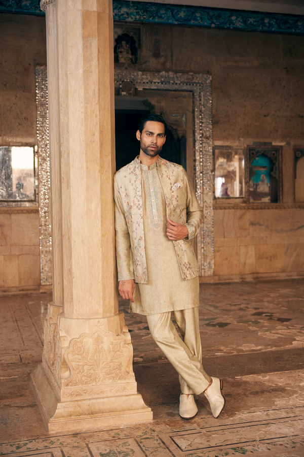 Hemil Printed Silk Nehru Jacket - Sage