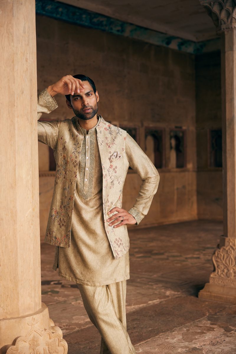 Hemil Printed Silk Nehru Jacket - Sage