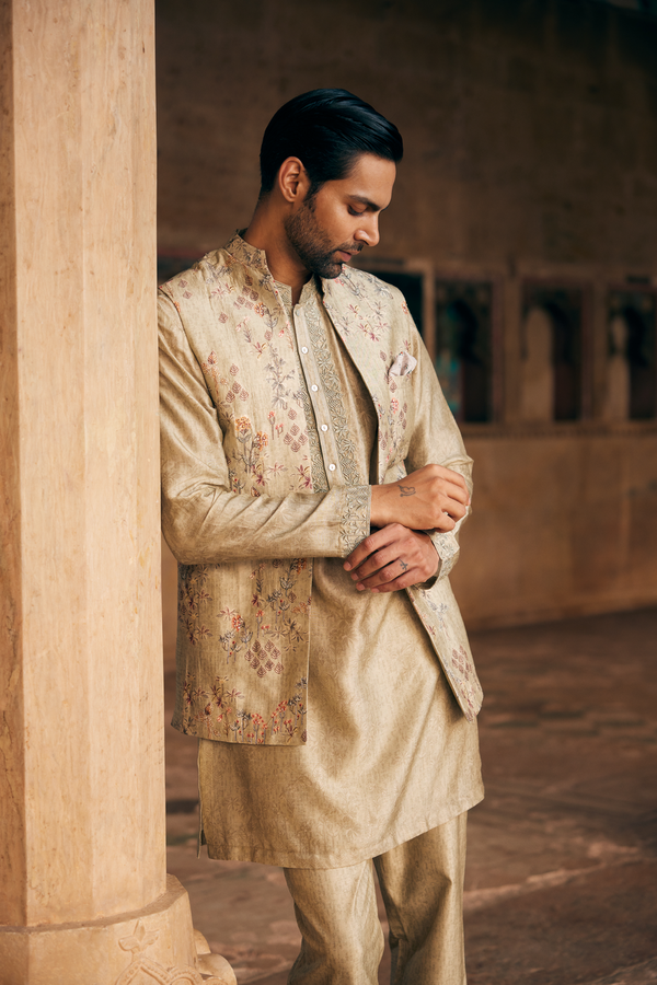 Hemil Printed Silk Nehru Jacket - Sage