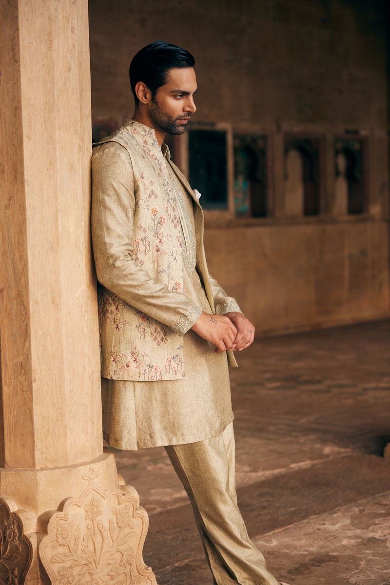 Hemil Printed Silk Nehru Jacket - Sage