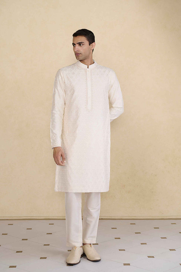 Tuhin Embroidered Silk Kurta - Ivory