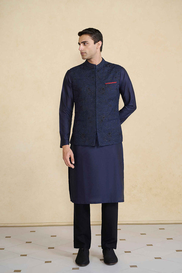 Banshik Hand-embroidered Silk Nehru Jacket - Navy