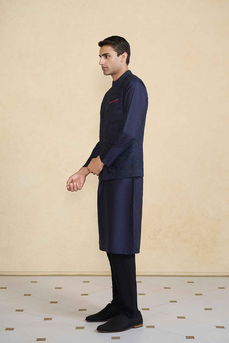 Banshik Hand-embroidered Silk Nehru Jacket - Navy