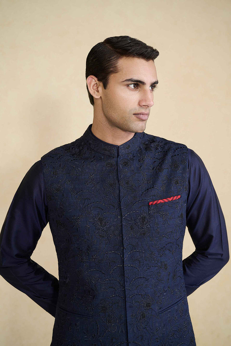 Banshik Hand-embroidered Silk Nehru Jacket - Navy