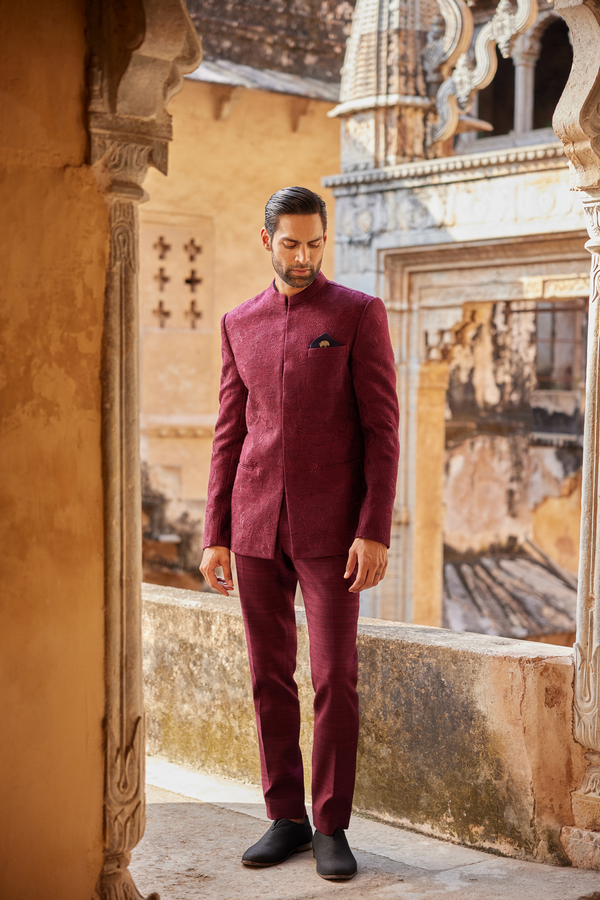 Uprag Embroidered Silk Bandhgala - Plum