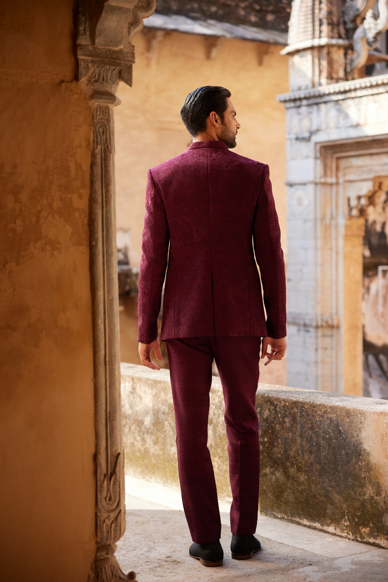 Uprag Embroidered Silk Bandhgala - Plum