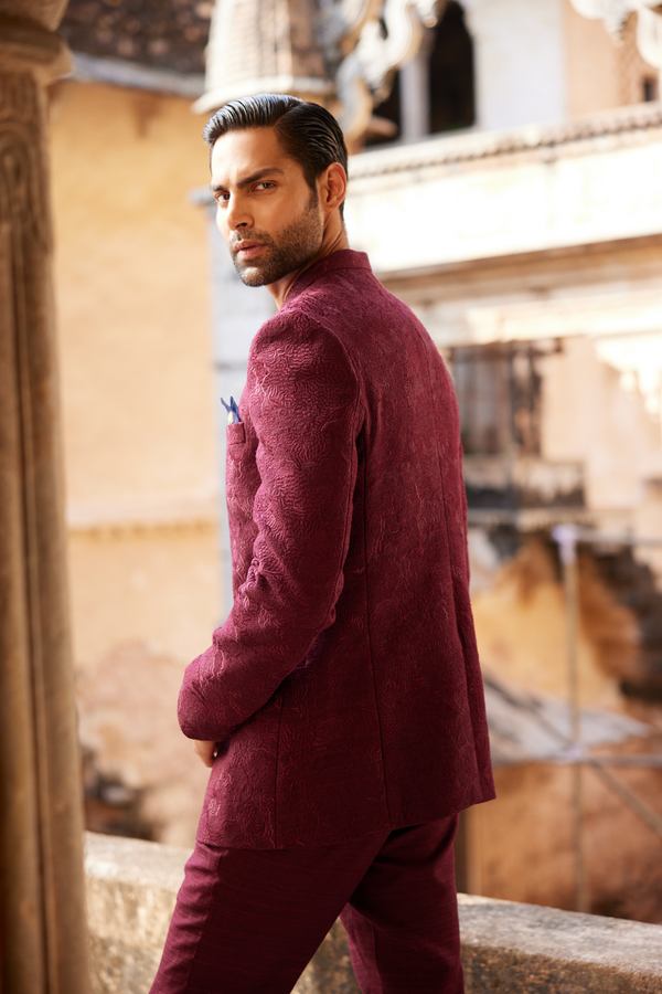 Uprag Embroidered Silk Bandhgala - Plum