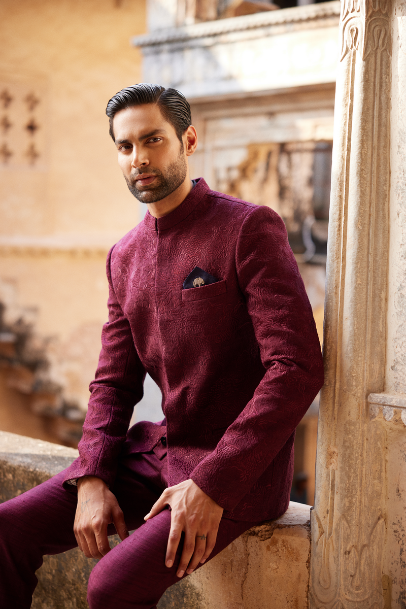 Uprag Embroidered Silk Bandhgala - Plum