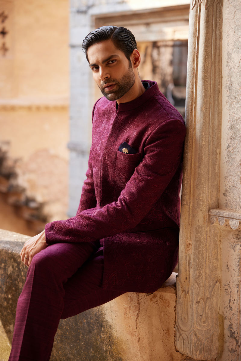 Uprag Embroidered Silk Bandhgala - Plum