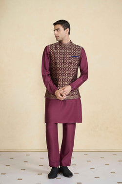 Davin Handwoven Benarasi Nehru Jacket - Plum