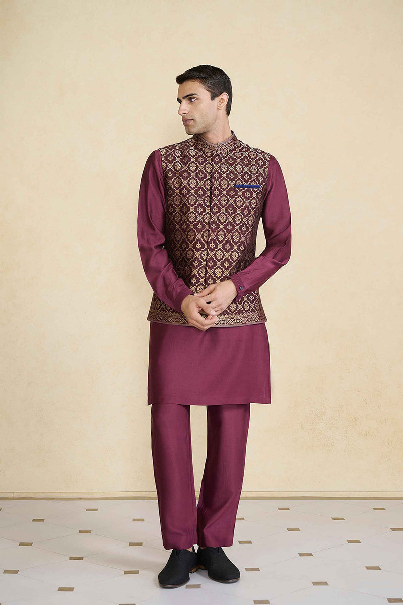 Davin Handwoven Benarasi Nehru Jacket - Plum