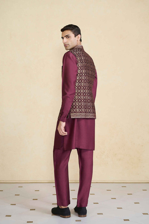 Davin Handwoven Benarasi Nehru Jacket - Plum