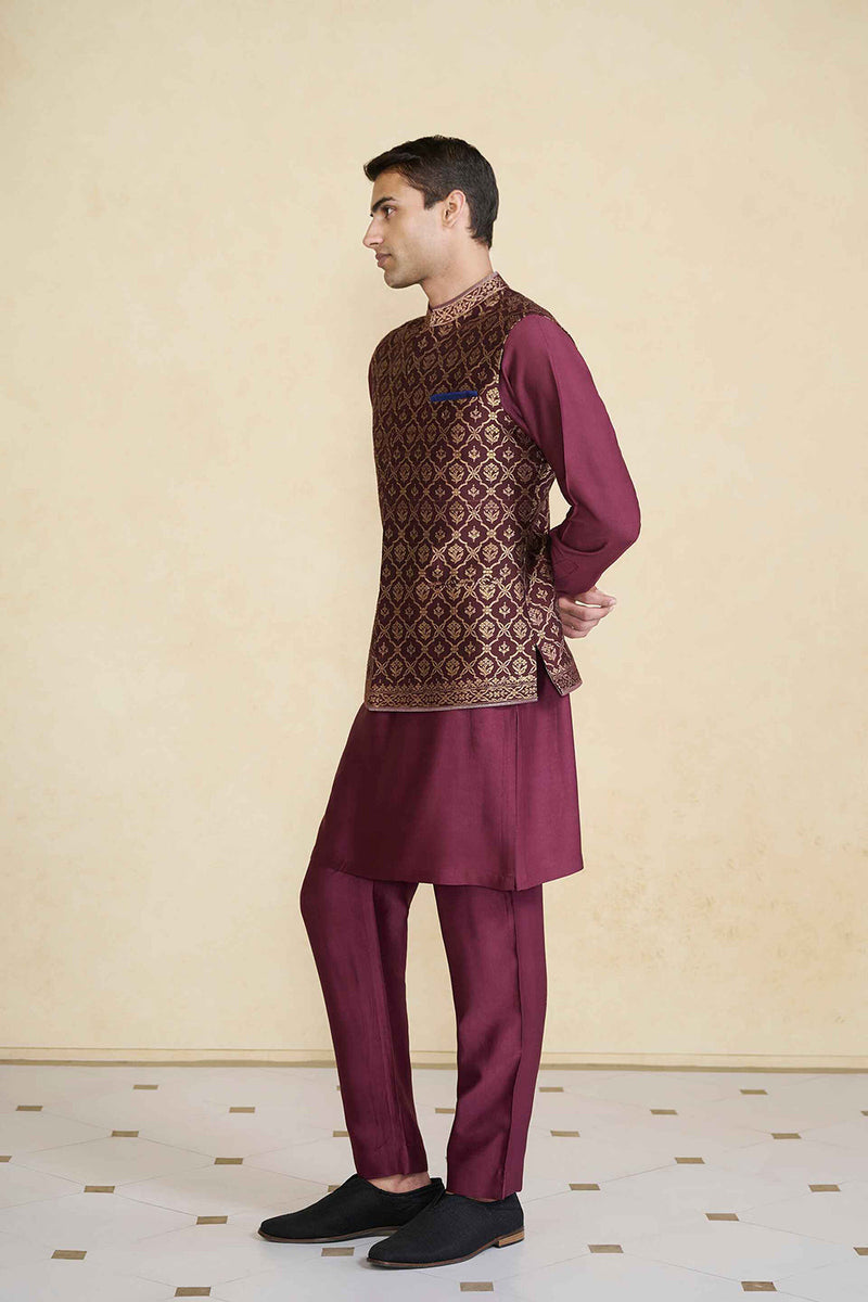 Davin Handwoven Benarasi Nehru Jacket - Plum