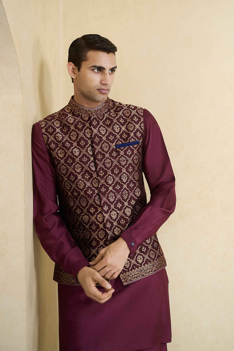 Davin Handwoven Benarasi Nehru Jacket - Plum
