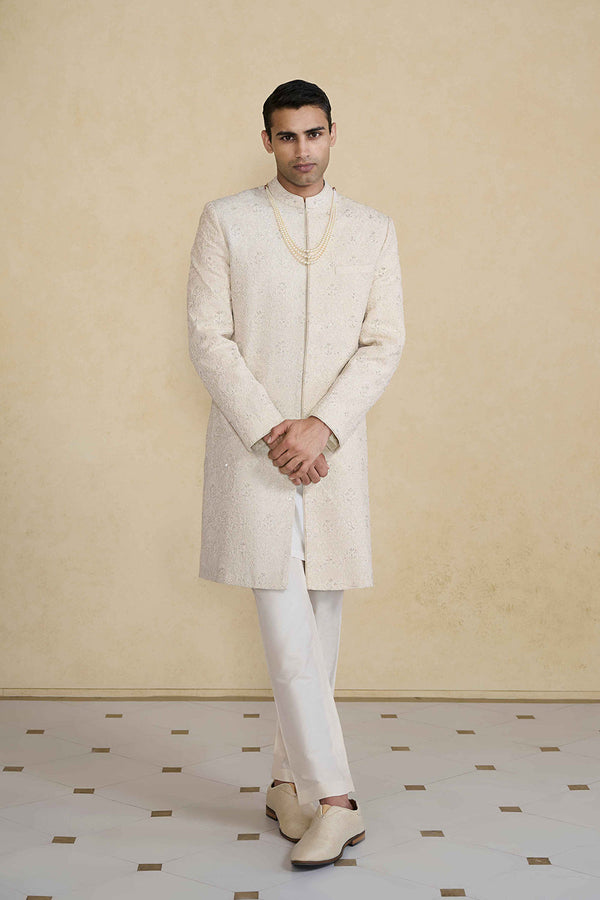 Lokit Hand-embroidered Silk Sherwani - Ivory