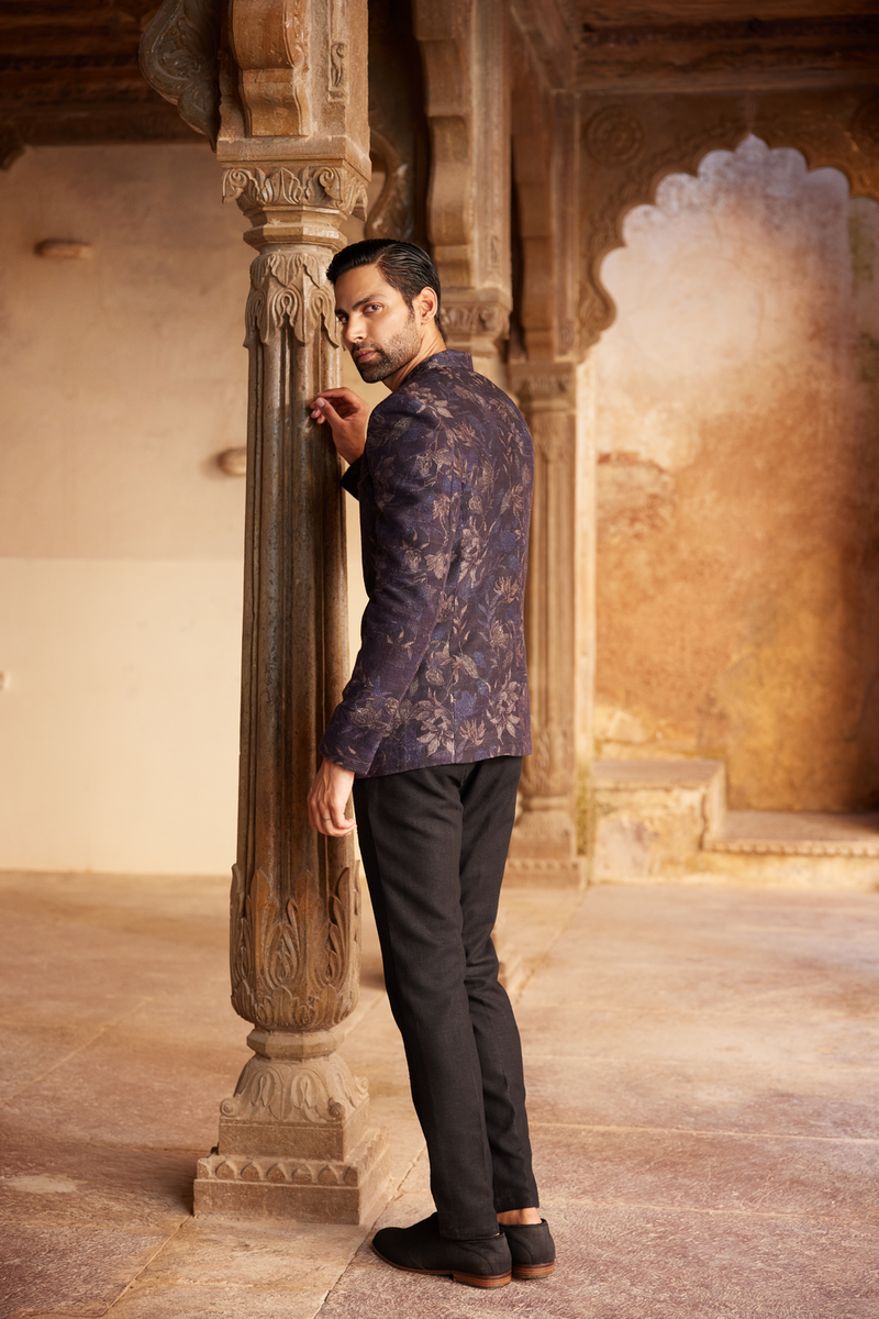 Rahin Printed Silk Bandhgala - Navy