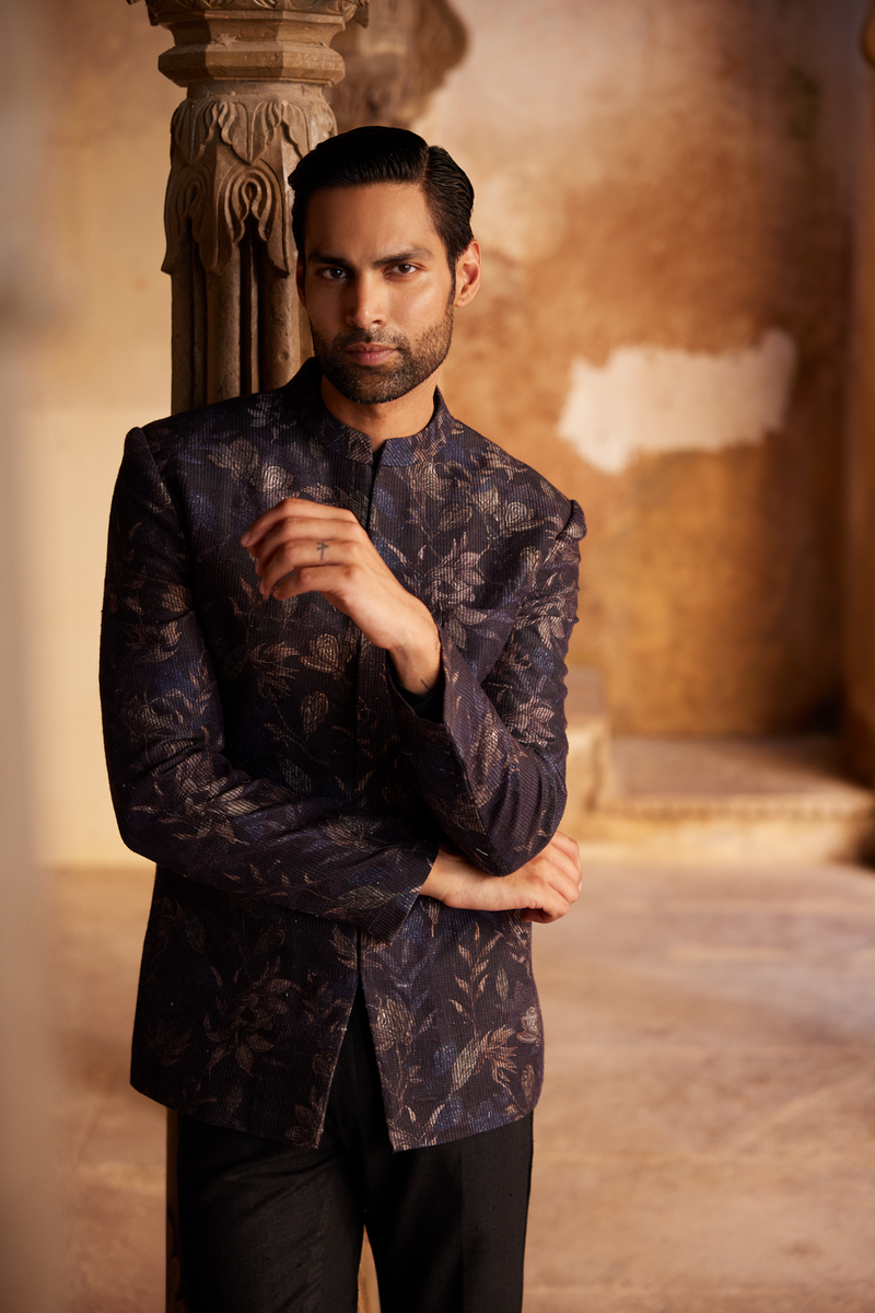 Rahin Printed Silk Bandhgala - Navy