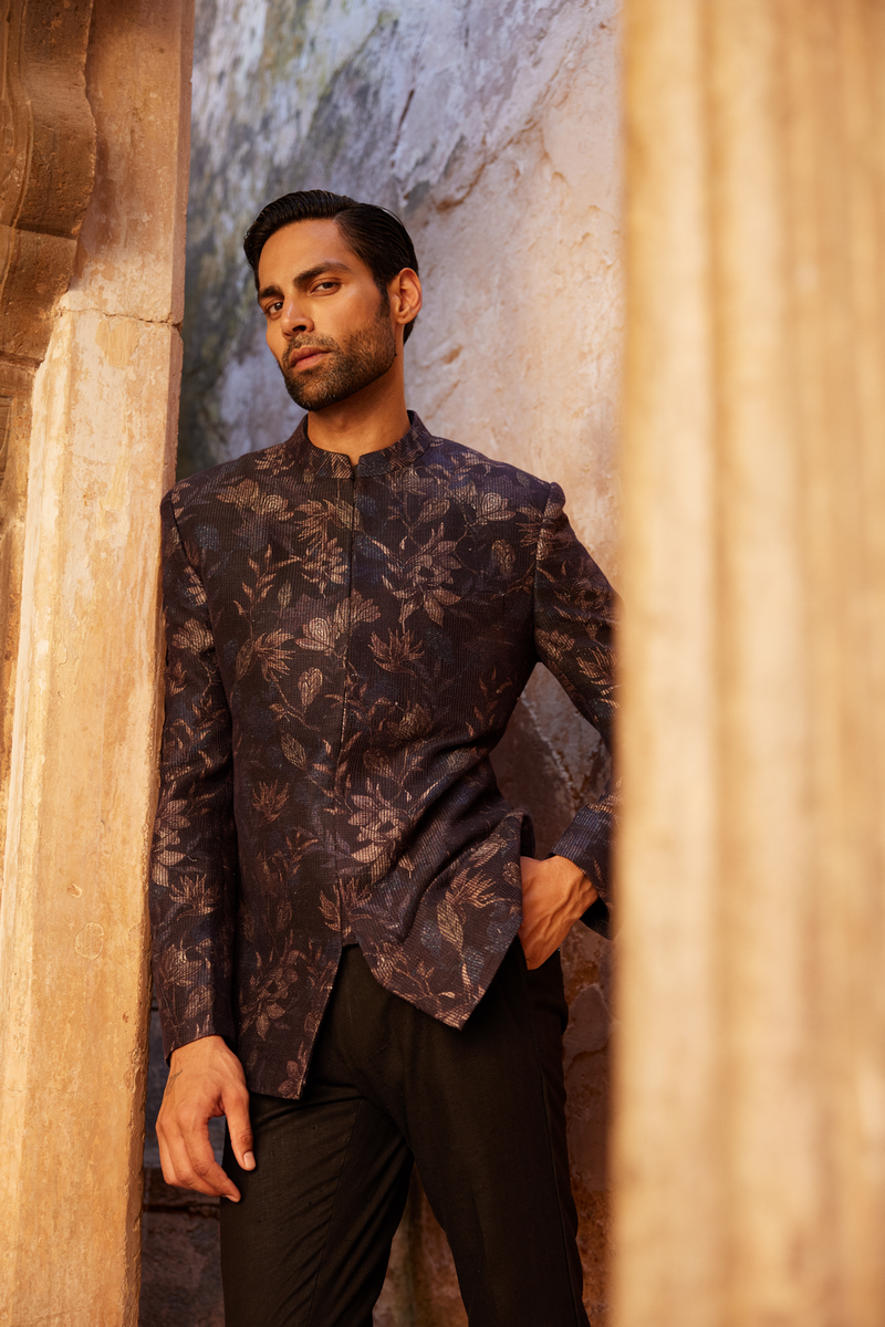 Rahin Printed Silk Bandhgala - Navy