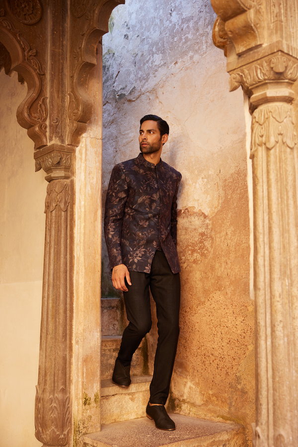 Rahin Printed Silk Bandhgala - Navy