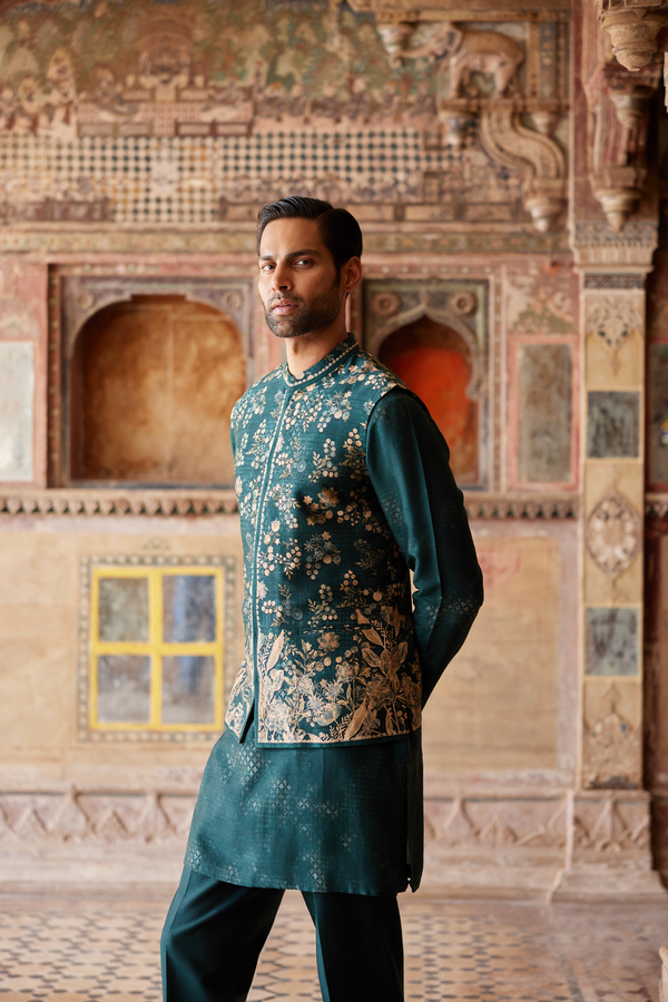 Hirav Printed Silk Nehru Jacket - Green