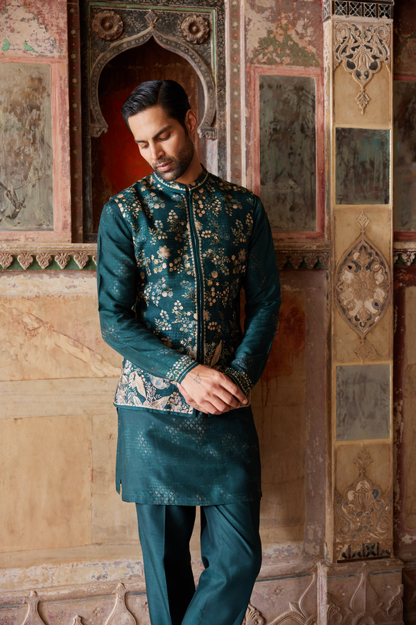 Hirav Printed Silk Nehru Jacket - Green