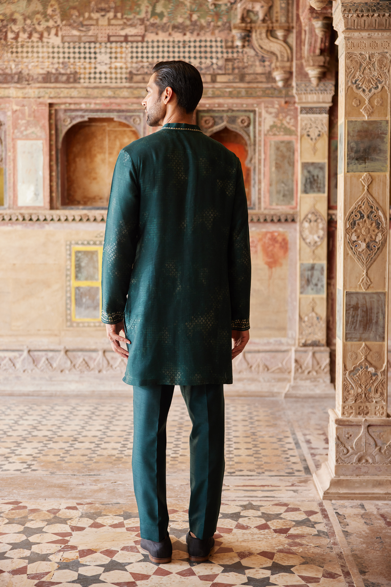 Khidr Printed Silk Kurta - Green