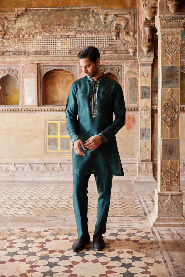 Khidr Printed Silk Kurta - Green