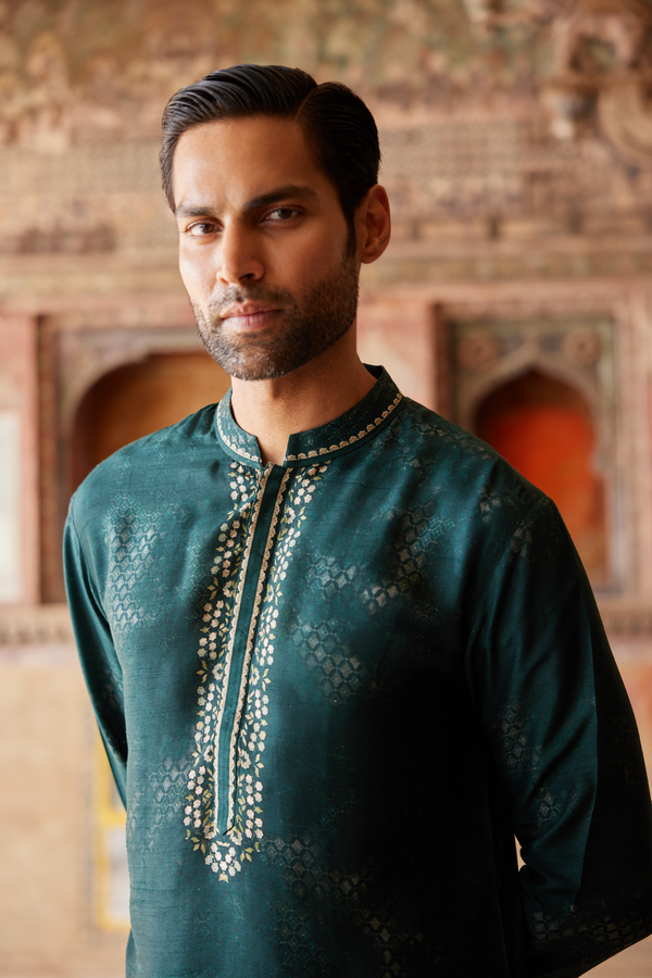 Khidr Printed Silk Kurta - Green