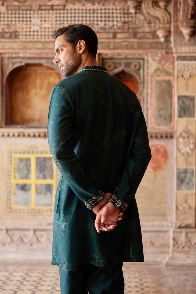 Khidr Printed Silk Kurta - Green