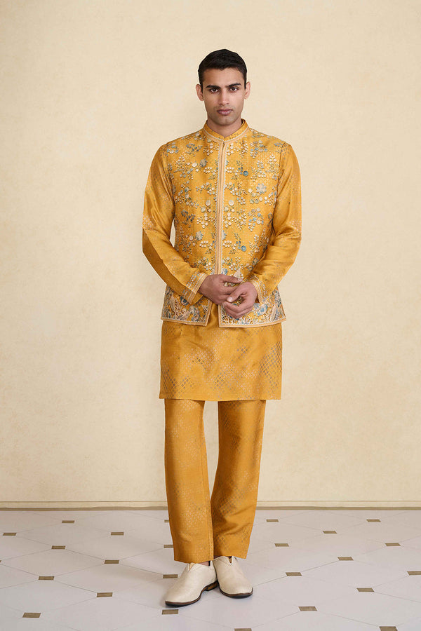 Zarghun Printed Silk Nehru Jacket - Mustard