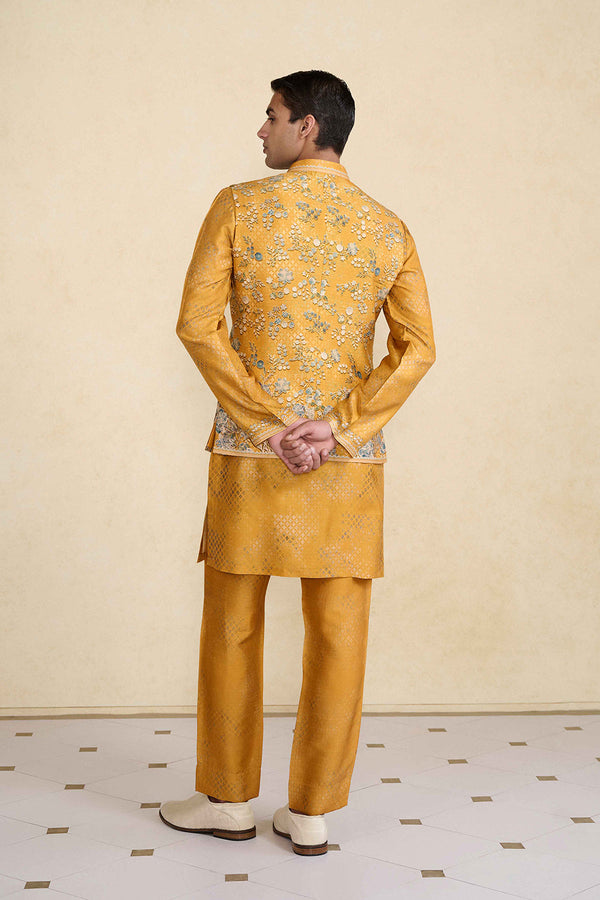 Zarghun Printed Silk Nehru Jacket - Mustard