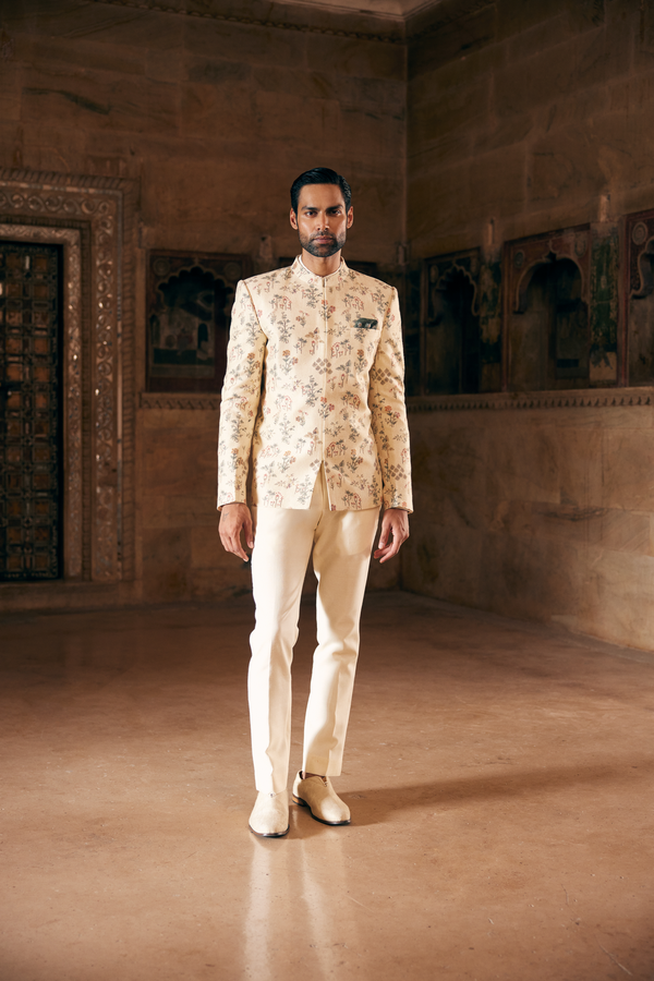 Suhan Printed Silk Bandhgala - Cream