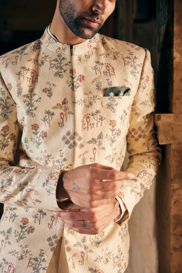 Suhan Printed Silk Bandhgala - Cream