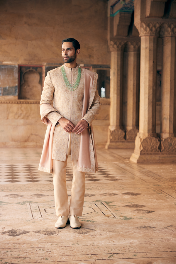 Zimraan Hand-embroidered Silk Sherwani - Beige