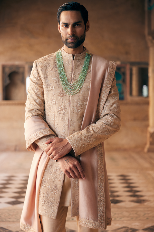 Zimraan Hand-embroidered Silk Sherwani - Beige